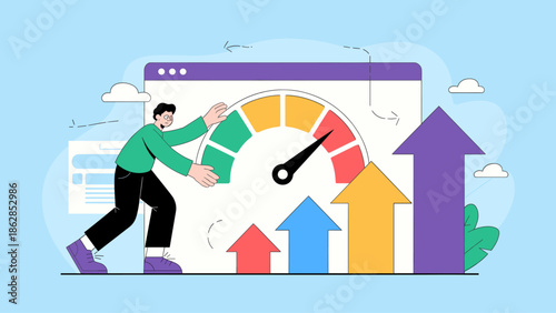 man tuning a speedometer on a webpage vector illustration