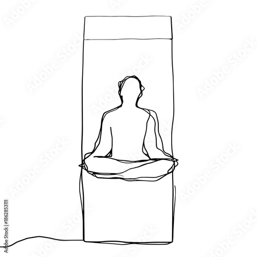 Minimalist Line Art of a Person Meditating on a Box