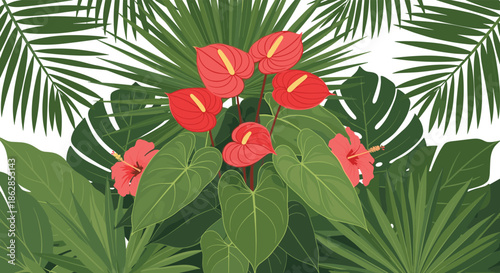 Vibrant tropical foliage with bright red anthurium and hibiscus flowers creating a lush jungle background illustration.