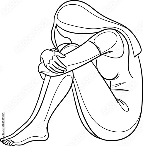 Minimal line art illustration of sad woman sitting hugging knees expressing loneliness depression anxiety emotional mental health concept outline vector