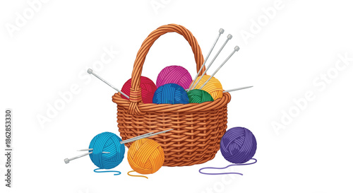 A wicker basket brimming with vibrant balls of yarn and knitting needles, with additional yarn and needles scattered outside, on a white background.