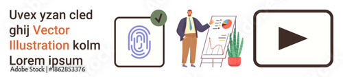 Business, identity verification, analytics, media engagement, biometrics, and presentations. A person presenting charts and graphs, fingerprint icon and play button. Business and identity