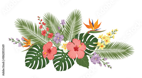 A lush and vibrant illustration of tropical flowers, including hibiscus, bird-of-paradise, and monstera leaves, arranged beautifully on a white background.