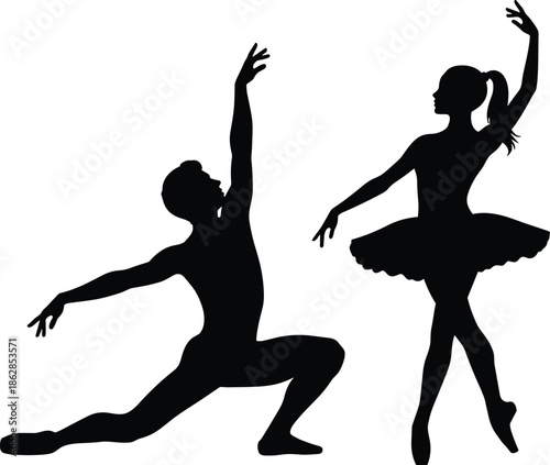 Ballet dancers silhouette performing graceful classical dance pose elegance motion art performance black vector illustration isolated white background