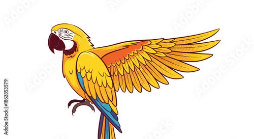 A vibrant yellow macaw with outstretched wings is depicted in a colorful cartoon-style illustration, standing on a white background.