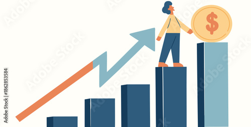Businesswoman standing on growing bar chart with rising arrow and dollar coin