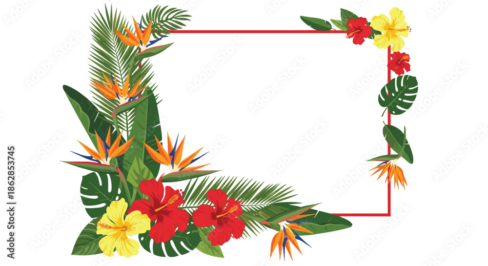 Naklejka premium Tropical floral frame border with vibrant hibiscus, bird of paradise flowers, and lush green palm leaves on a white background.