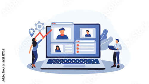 Business professionals collaborating on laptop with video conference