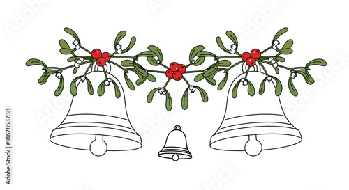 A festive holiday illustration featuring a garland of green mistletoe with red berries and hanging bells, perfect for Christmas decorations.