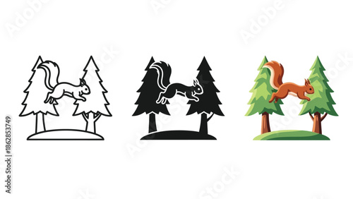Set of three squirrel icons jumping between pine trees in different styles outline, silhouette and flat color illustration