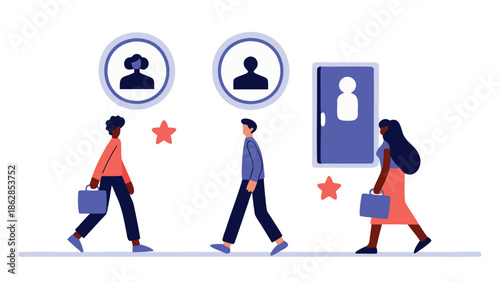 Diverse professionals walking with digital profiles