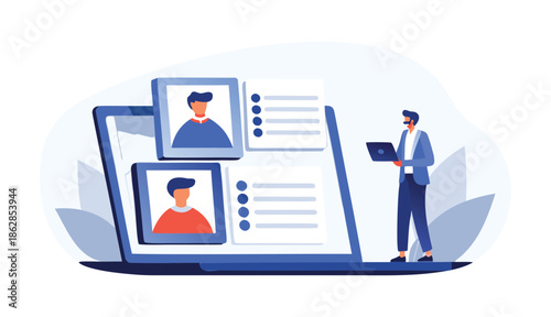 Businessman working remotely with laptop and video conferencing on large computer screen