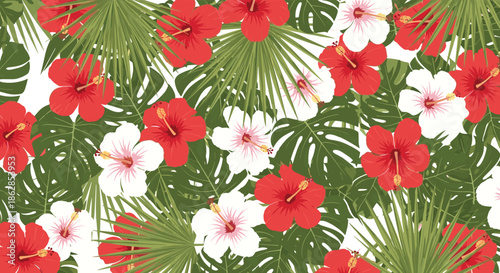 Seamless tropical pattern with red and white hibiscus flowers and green palm leaves on a white background.