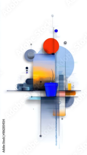 Colorful abstract shapes and a blue pot on a shelf with different objects and a sunset background displayed in a modern design