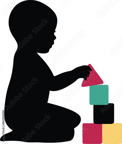 Curious baby infant sitting and carefully stacking vibrant geometric blocks for playtime fun
