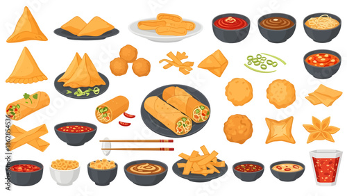 Asian Snacks Collection Vector Set with Samosa, Spring Rolls, Dim Sum, and Dipping Sauces Isolated on White Background