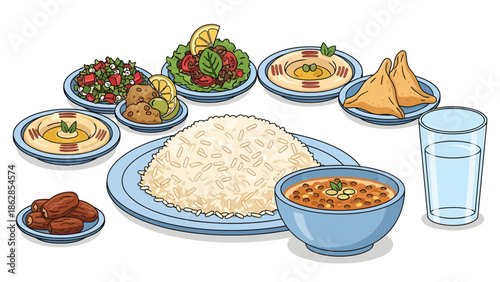 Middle Eastern Food Illustration Set, Arabic Cuisine Iftar Menu with Rice, Hummus, Dates, Samosa, and Lentil Soup for Ramadan