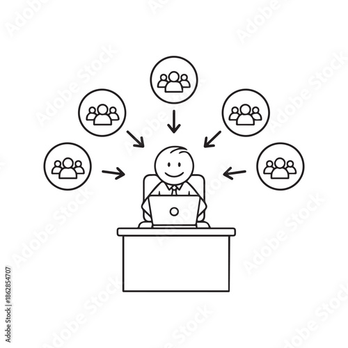 Cartoon stick man working on laptop computer receiving attention from multiple groups of people, concept of remote team management, target audience reach, or social media influencer.
