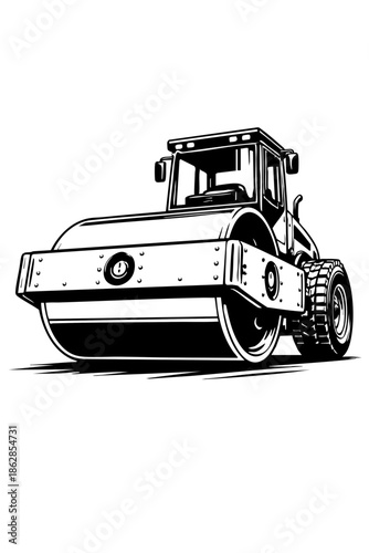 Low-angle perspective road roller emphasizing heavy front drum