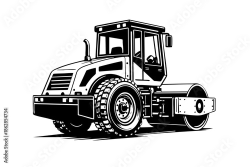 Rear three-quarter angle road roller showing cab and rear structure