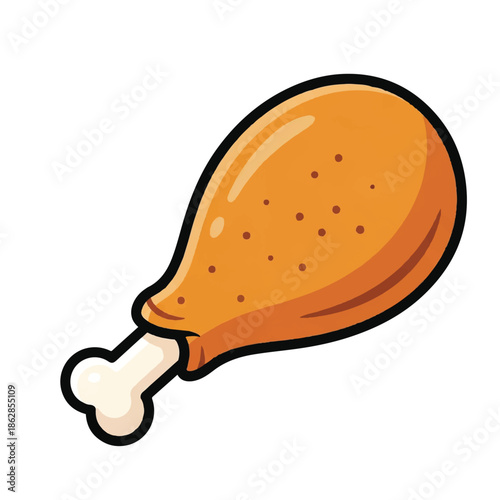 Delicious cartoon chicken drumstick on white background, illustrated and appetizing for food art.