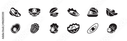 Set of oyster with pearl icons oblique view collection open shell treasure clam graphic symbol black silhouette