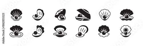 Set of oyster with pearl icons collection black and white flat vector shell symbols for web design