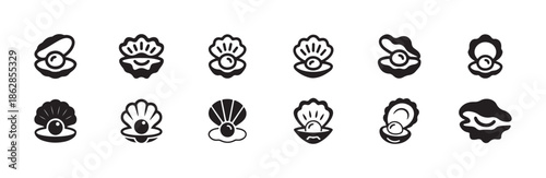 Marine shell with pearl vector icons set high quality black silhouettes for various creative uses