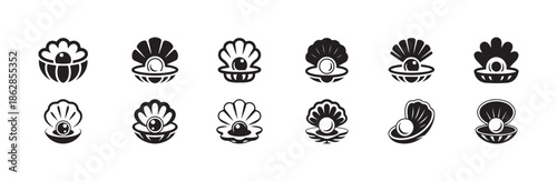 Elegant oyster and pearl icons collection detailed shell drawings for luxury jewelry brand identity