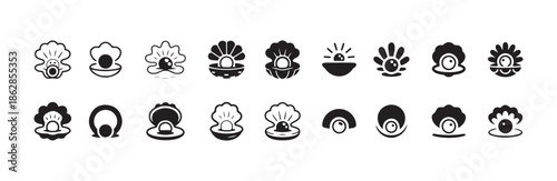 Pearl shell icons set, collection of vector black and white pearl in shell isolated on white