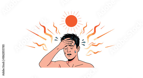 Illustration of a man suffering from high temperature and sweating under a bright red sun in summer heat wave conditions.