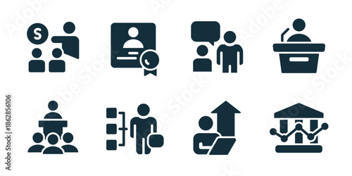 Business training excellent icon collection. Instructor briefing, group discussion, whiteboard teaching, task checklist, leadership meeting, growth direction, corporate training, presentation session