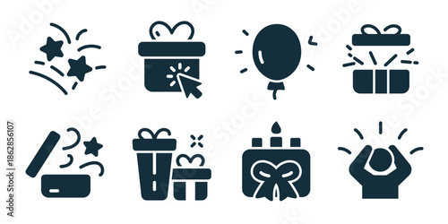 Gift and surprise excellent icon collection. Firework stars, clickable gift box, balloon, opened present, magic box, stacked gifts, cake gift, joyful hands
