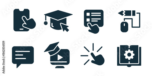 Online education excellent icon collection. Mobile learning, graduation cap click, lesson list, online test, video study, chat message, course start, learning settings