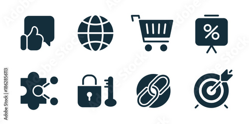 Online interaction and security excellent icon collection. Like feedback, global network, shopping cart, discount board, integration puzzle, secure lock key, link chain, target focus