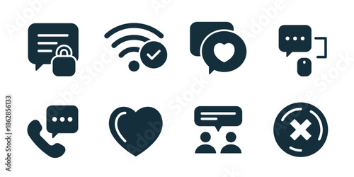 Chat and messaging excellent icon collection. Secure message, approved wifi chat, like message, chat support, phone conversation, heart reaction, group discussion, cancel action