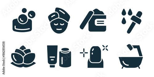 Beauty and skincare excellent icon collection. Family care, spa face, cosmetic jar, dropper oil, natural leaves, cream tube, facial treatment, herbal bowl