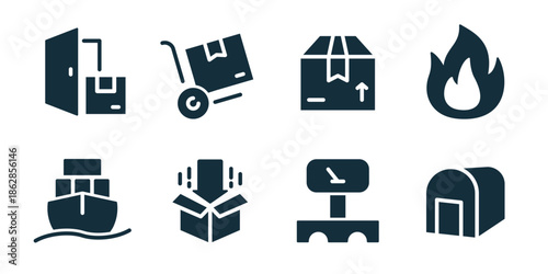Logistics and delivery excellent icon collection. Door delivery, trolley cart, packed box, fire warning, cargo ship, open package, delivery stamp, storage hangar