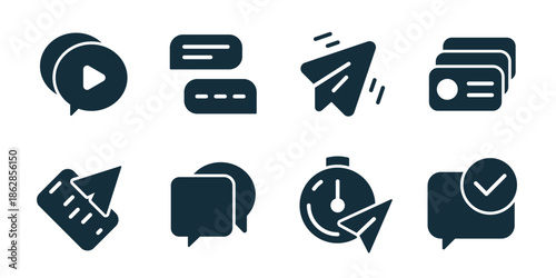 Email and message excellent icon collection. Play message, chat bubbles, send arrow, credit message card, share message, dialog bubble, timer send, approved message