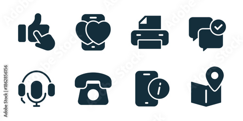 Contact us excellent icon collection. Like click, favorite app, printer document, approved chat, headset support, phone call, mobile info, map pin