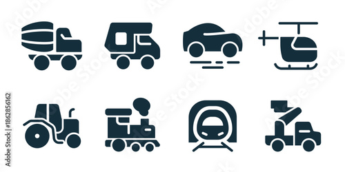 Vehicle and transport excellent icon collection. Concrete mixer truck, cargo truck, car transport, helicopter, tractor, train engine, tunnel metro, crane truck