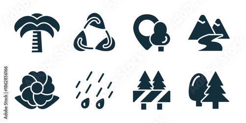 Nature excellent icon collection. Palm tree, recycle symbol, nature location pin, mountain river, flower bloom, rain drops, forest barrier, tree protection