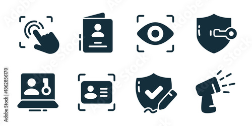 Authentication and security icon collection. Touch scan, digital ID document, eye scan, shield protection, secure login laptop, verified card, data safety, access control