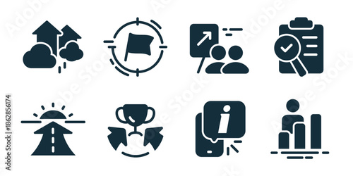 Business strategy excellent icon collection. Cloud growth arrows, target flag, team presentation board, approved report, roadmap direction, trophy achievement, information message, performance chart