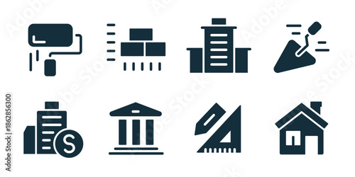 Construction excellent icon collection. Paint roller, brick wall, office building, plastering trowel, financial building, measuring triangle, house, renovation tools