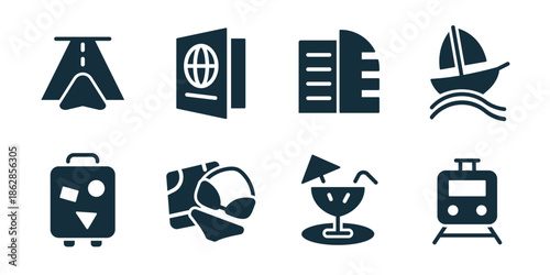 Hotel excellent icon collection. Road sign, passport, hotel building, boat travel, suitcase luggage, travel camera, cocktail glass, train transport
