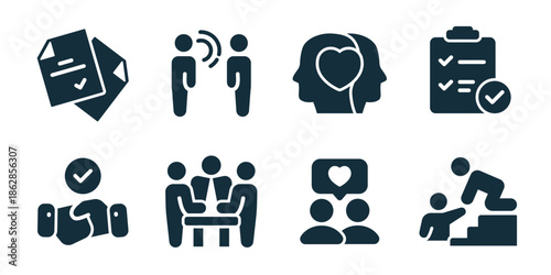 Cooperation and teamwork icon collection. Approved documents, communication dialog, emotional connection, task checklist, trust handshake, team meeting, social support, collaboration growth