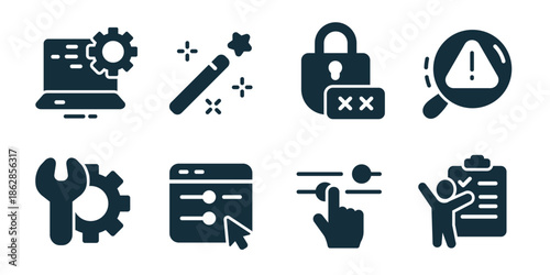 Setup and configuration icon collection. Interface settings, service manual, system controls, optimization gear, technical laptop, magic setup, access lock error, warning search