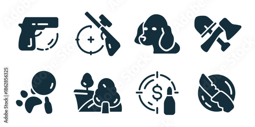 Hunting excellent icon collection. Rifle aim, target scope, hunting dog, crossed weapons, tracking, forest trail, bullet reward, knife