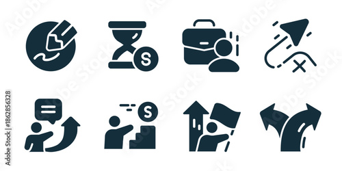 Business strategy excellent icon collection. Path forward, reward trophy, idea message, performance ranking, hand support, time value, professional briefcase, cancelled action